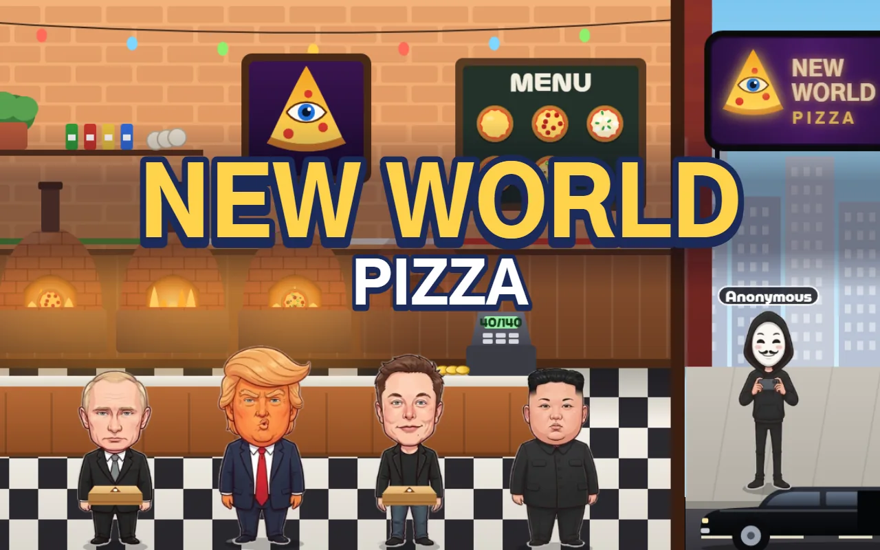 Caricatures of Putin, Trump, Musk and Kim Jong-un stand at a pizza shop counter while a masked Anonymous figure waits on the sidewalk outside, under the title NEW WORLD PIZZA