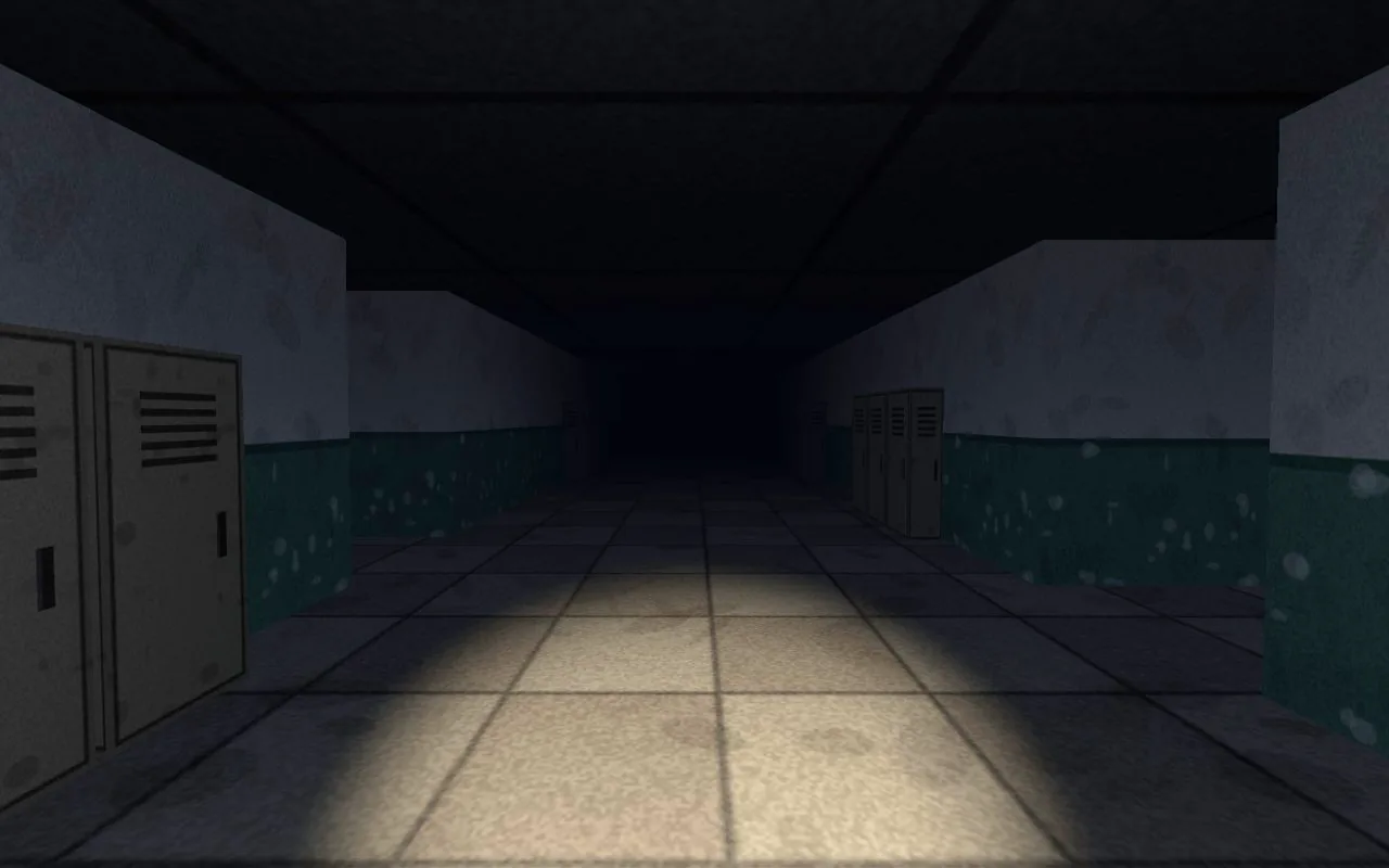 A dark school hallway at night. Old lockers line both walls, a flashlight beam lights the tiled floor, and the far end of the corridor is pitch black