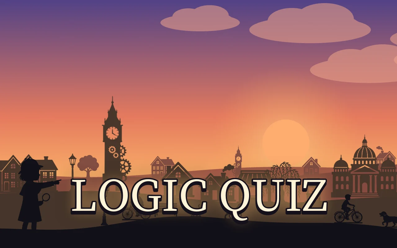 A shadow puppet town with a clock tower and houses on a sunset hill, a girl detective pointing, under the title LOGIC QUIZ
