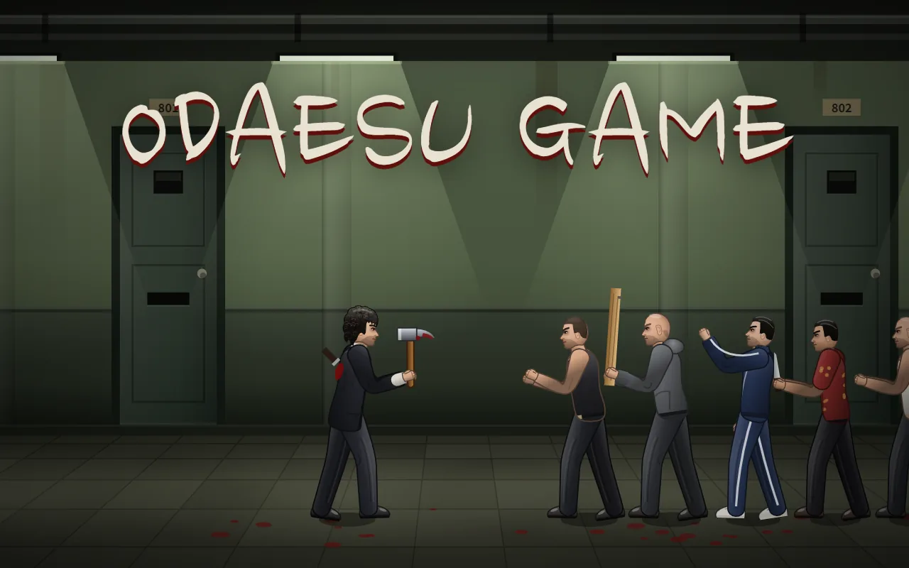 In a green fluorescent-lit hallway a man with curly hair and a hammer faces six thugs coming at him, under the brush-lettered title ODAESU GAME