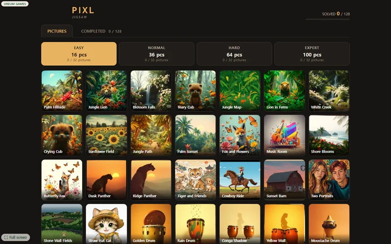 The PIXL picture menu — thirty-two jungle, flower and animal pictures in a grid, with four difficulty tabs above