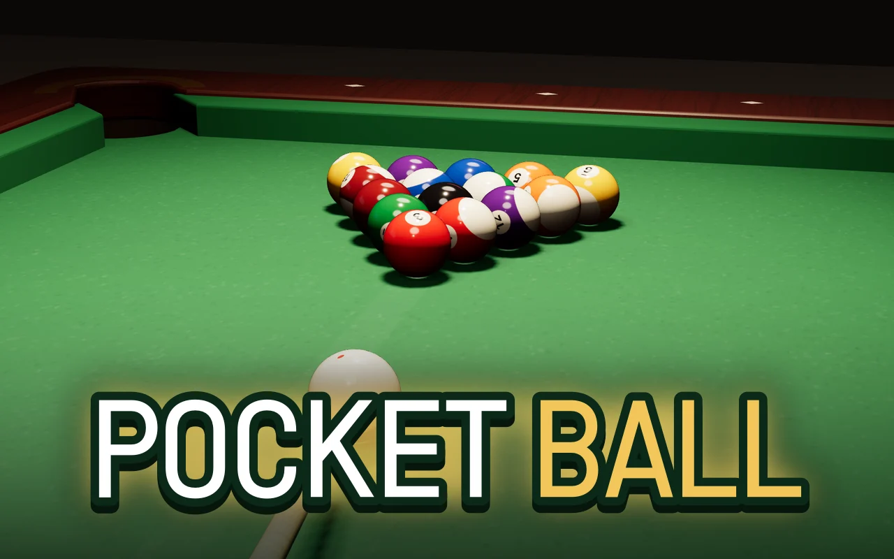 Pool balls racked in a triangle on a green table with the cue lined up behind the cue ball, and the title POCKET BALL across the bottom