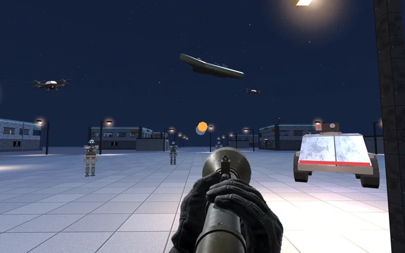 Night square in New Manhattan. A stealth jet hovers overhead while drones, humanoid robots and a six-wheel armoured car close in