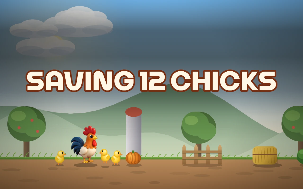 A rooster stands with two chicks in a farmyard, with a silo, pumpkin, tree and mountain behind them, and the Saving 12 Chicks title above