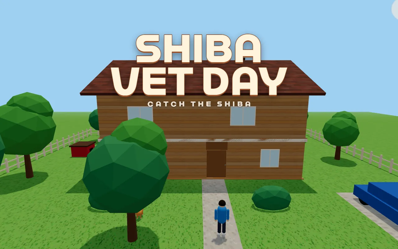 A wooden two-storey house on a green lawn under a blue sky, with a white fence and a blue car, and the title SHIBA VET DAY in the middle