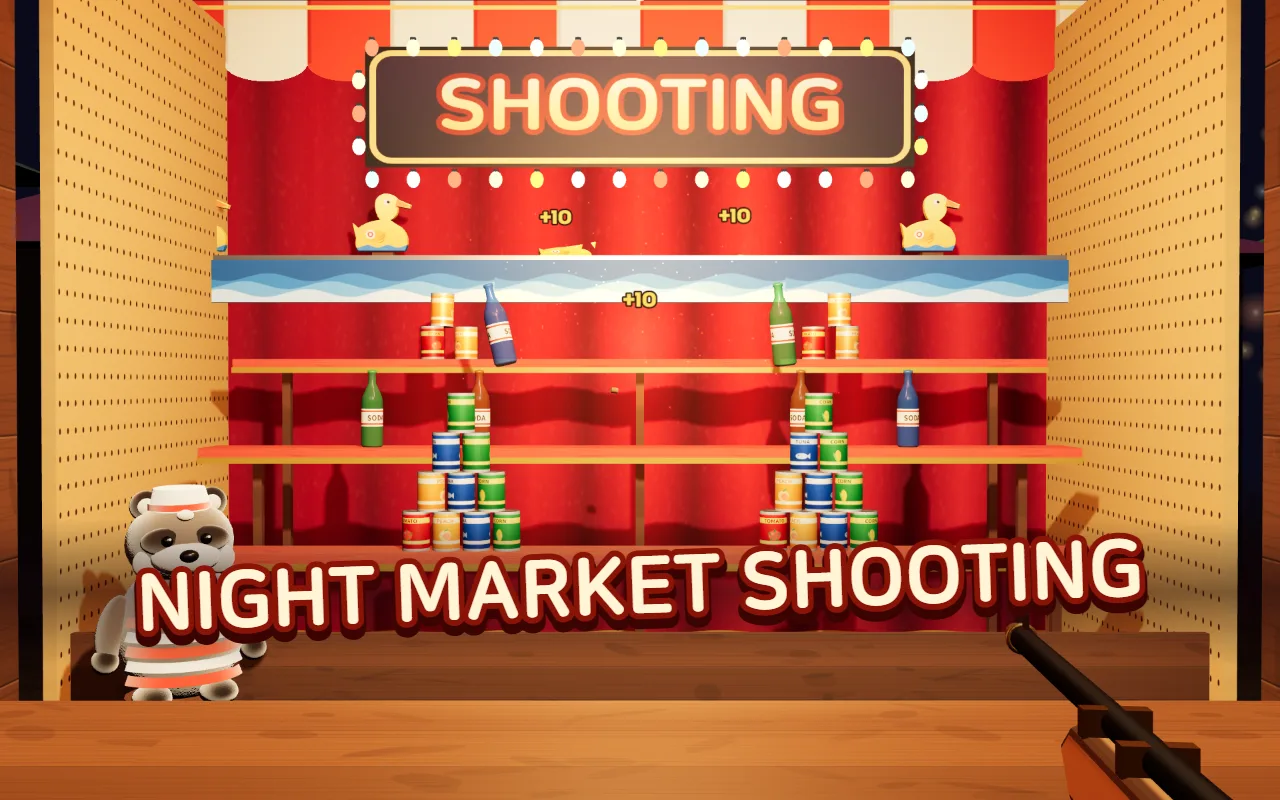 A night market shooting gallery booth: can pyramids and bottles on shelves in front of a red curtain, wooden ducks on a rail above, and a firework box blasting bottles and cans into the air, under the title NIGHT MARKET SHOOTING