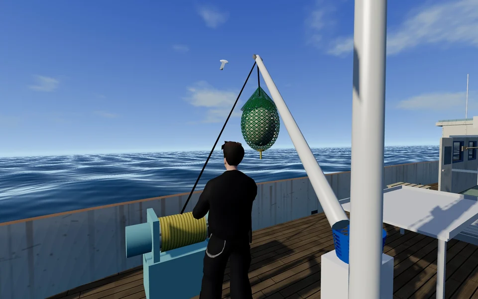 On the deck of a fishing boat at sea the hero holds the net winch lever while a green net rises from the water at the end of the boom