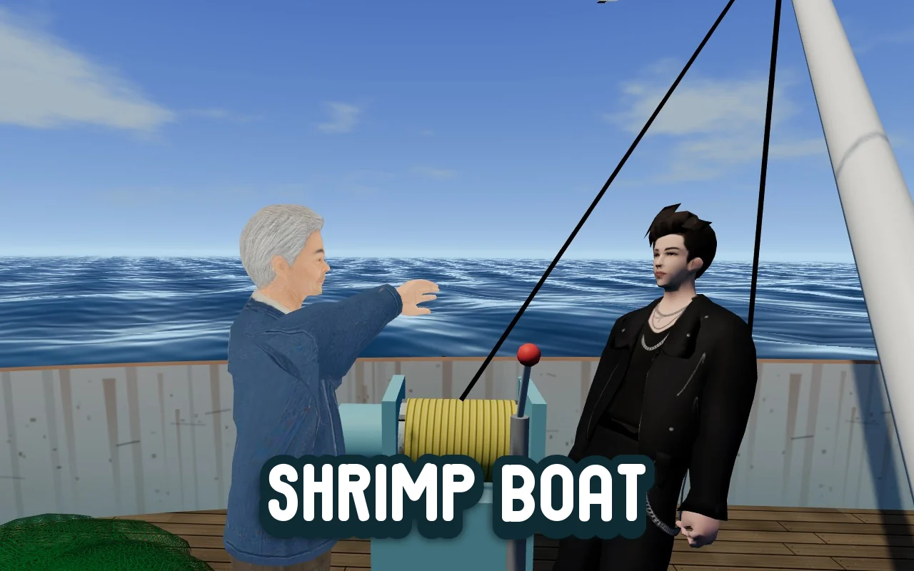 On the deck of a fishing boat at sea the captain swings and slaps the hero, who staggers back, under the title SHRIMP BOAT
