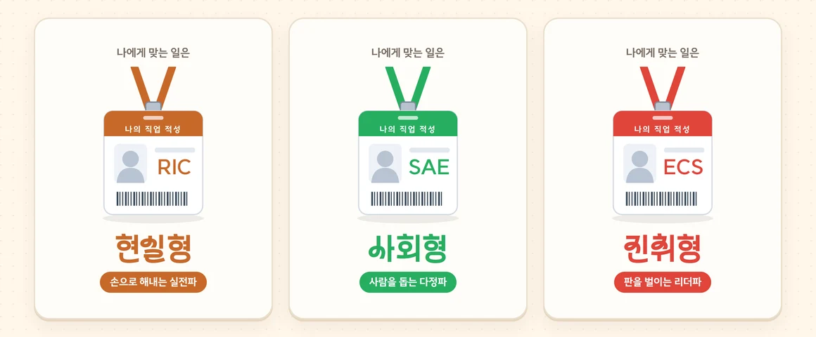 직업적성테스트 결과 화면 세 장. 사원증 그림에 흥미 코드 RIC 현실형, SAE 사회형, ECS 진취형