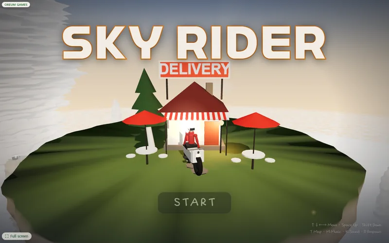A red-roofed restaurant with a DELIVERY sign on top of a stone pillar above the clouds, a delivery motorbike parked in front, and the title SKY RIDER above