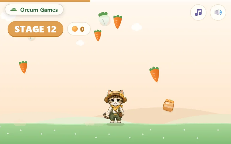 A straw-hatted cat stands in the middle of a green field while tangerine crates, carrots and radishes rain down from the sky