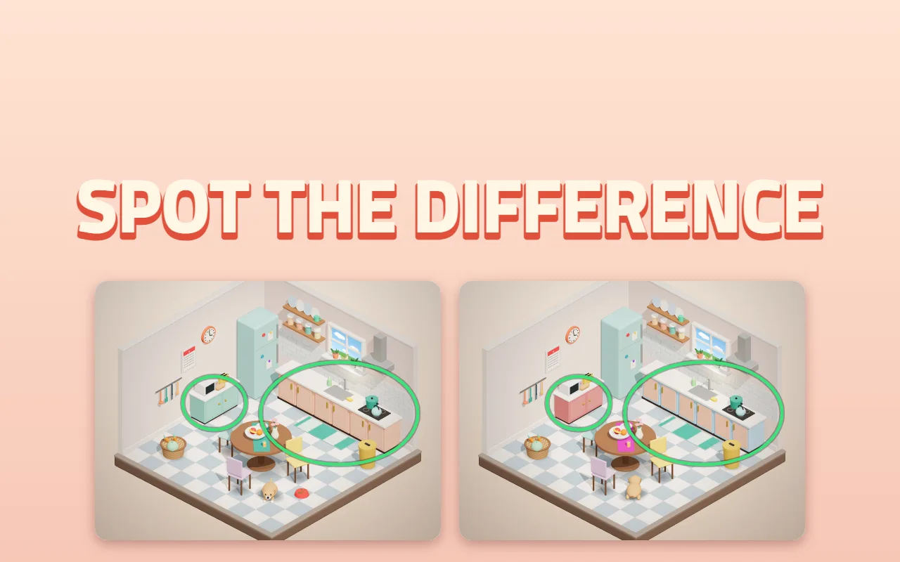 The title SPOT THE DIFFERENCE above two kitchen pictures side by side. In the right picture the window frame is pink and an item on the table has changed, and both spots are circled in green
