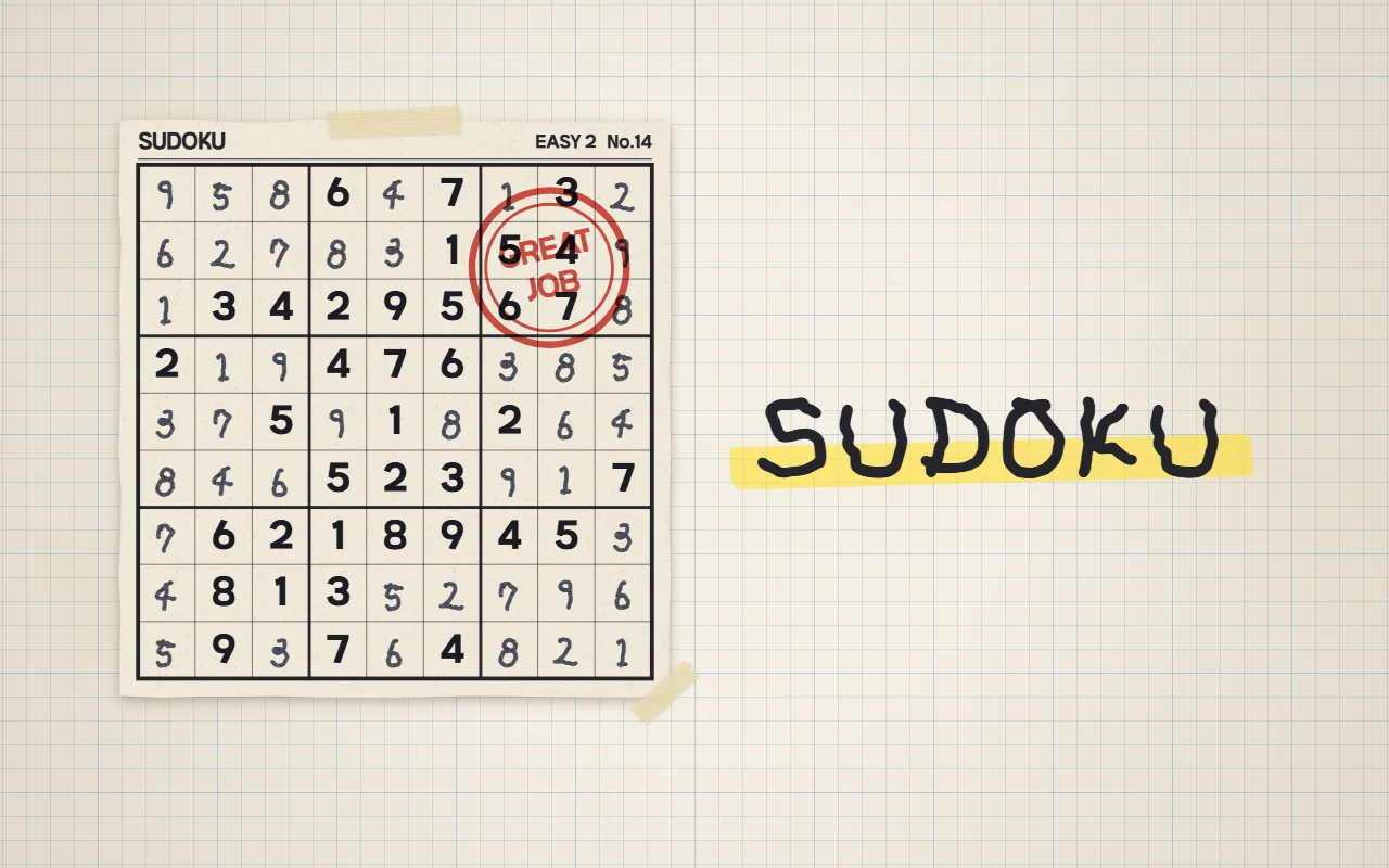 A sudoku cut from a newspaper and taped into a graph paper notebook, filled in with pencil and marked with a red GREAT JOB stamp, beside the title SUDOKU over a yellow highlighter stroke