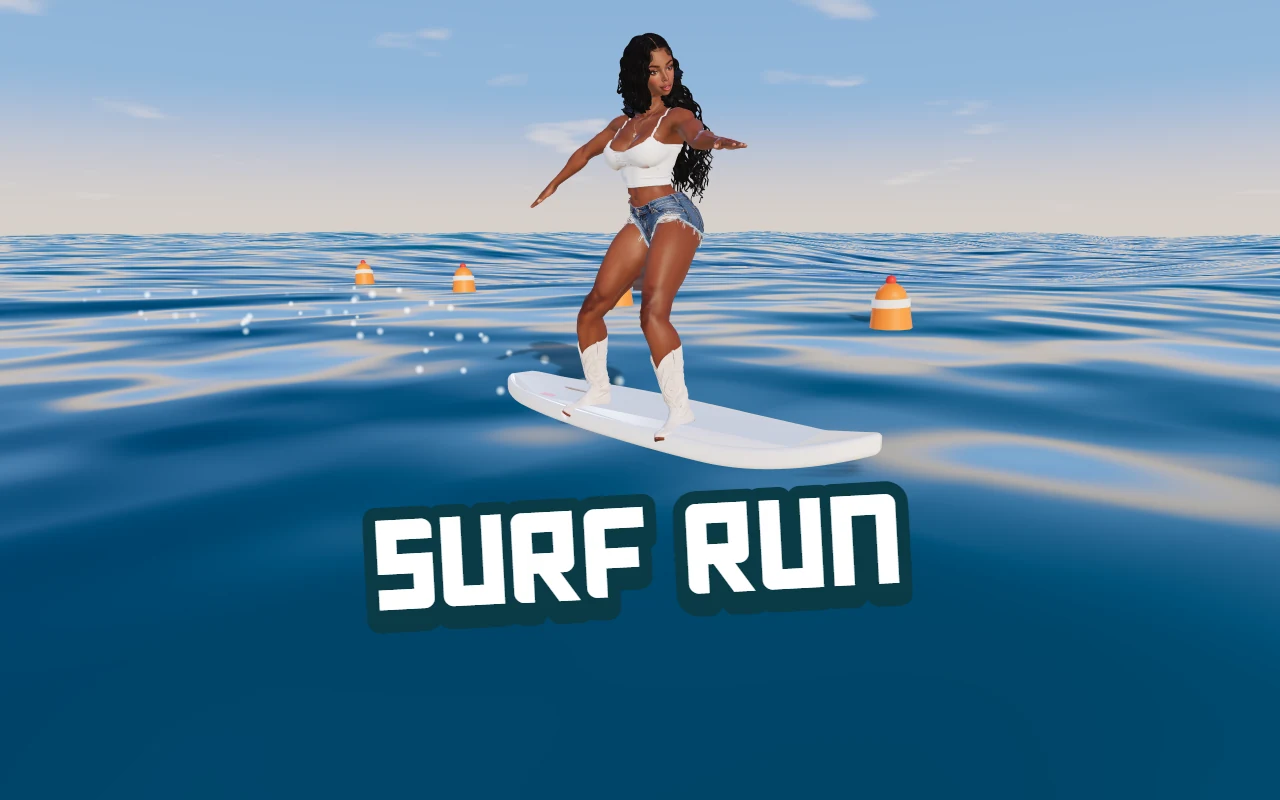 Hella with arms spread on a white surfboard on a blue ocean with orange buoys behind her, under the title Surf Run