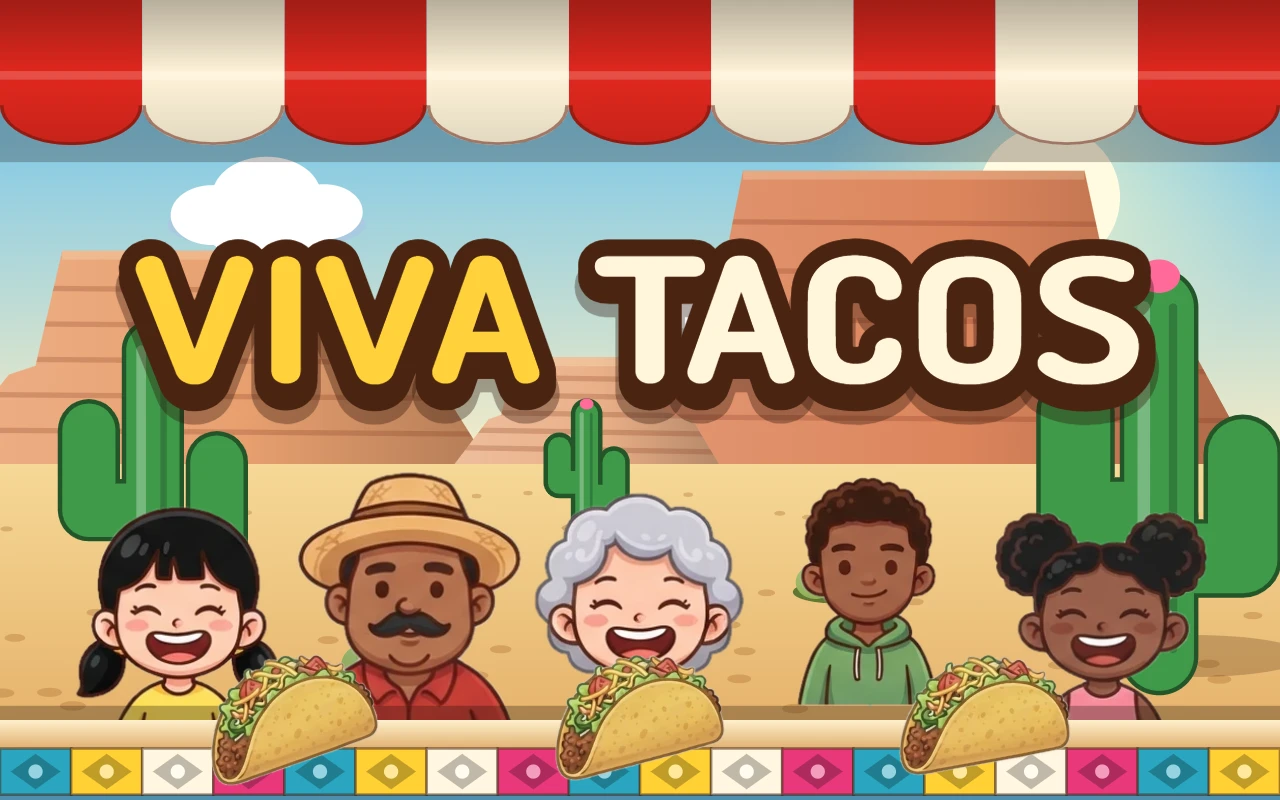 Five smiling customers stand at a taco truck window under a red striped awning with a desert behind them and three tacos on the counter. The title VIVA TACOS is across the middle