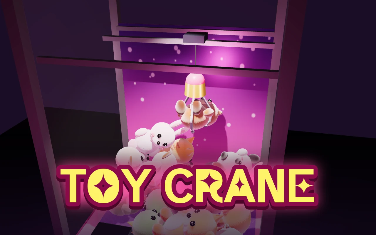 A pink claw machine where the claw lifts a panda plush above a pile of toys, with the title TOY CRANE across the bottom