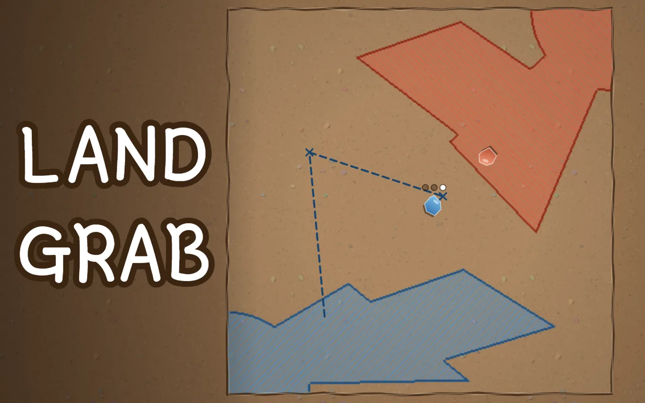 A square drawn in the dirt with blue and red territories spreading from opposite corners, a blue stone that has stopped twice along a dashed line about to head home, and the title LAND GRAB on the left