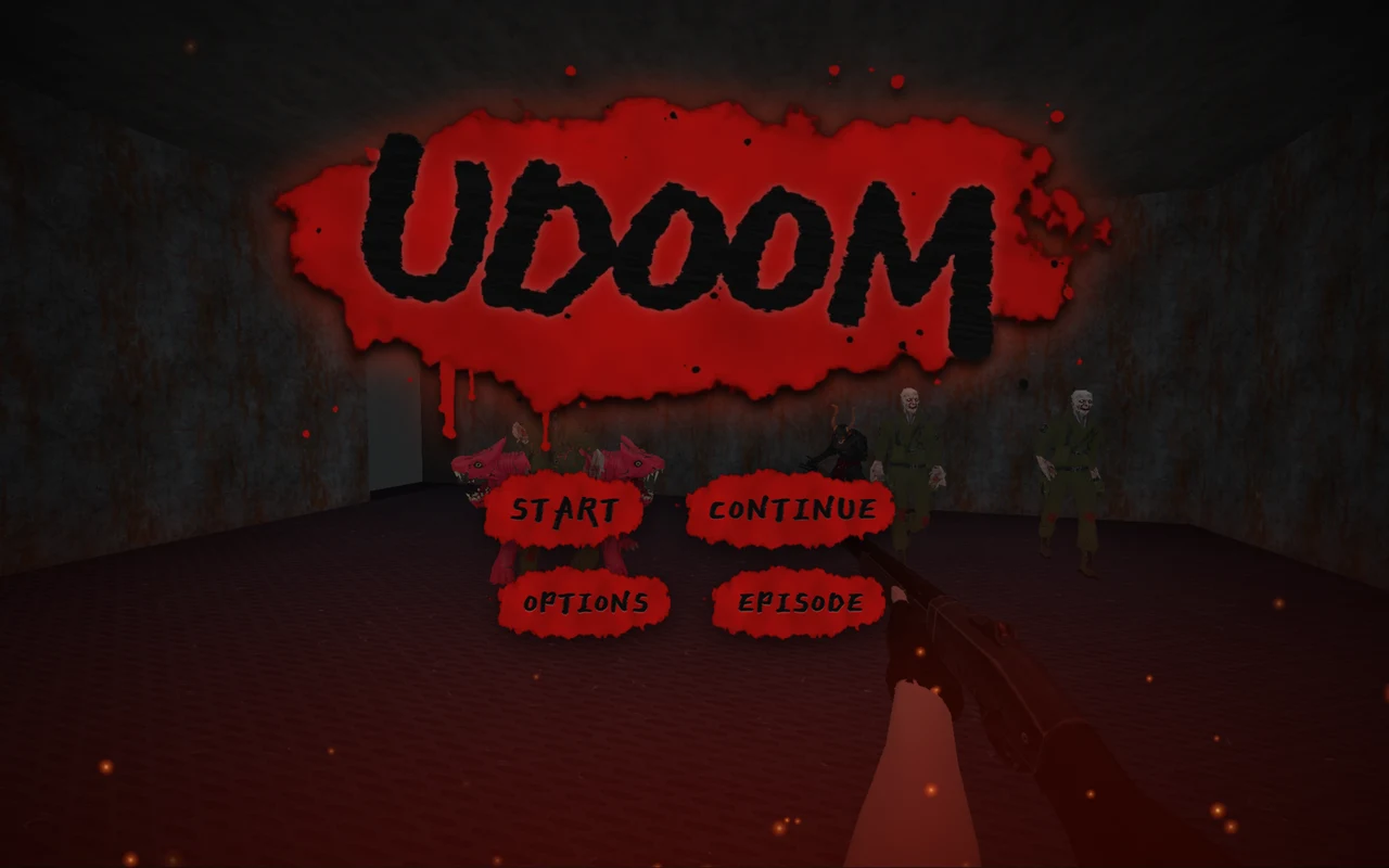 Title screen with the UDOOM logo on a blood red splash, START and CONTINUE buttons, and a Pinky and zombie soldiers behind