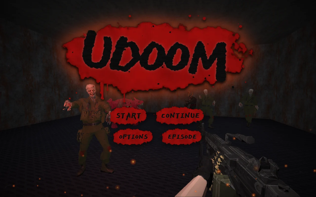 Title screen with the UDOOM logo on a blood red splash, START and CONTINUE buttons, and a Pinky and zombie soldiers behind