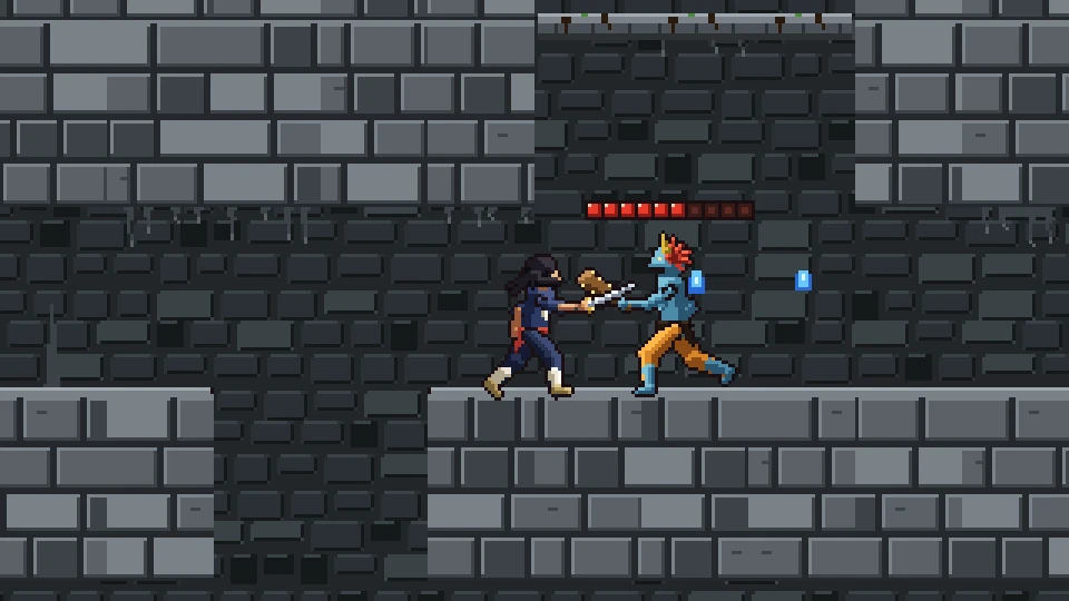 In a dark stone cave the outlaw sword fights a blue goblin with health beads over its head