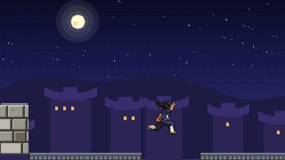 The outlaw leaps across a gap between tiled rooftops under a full moon
