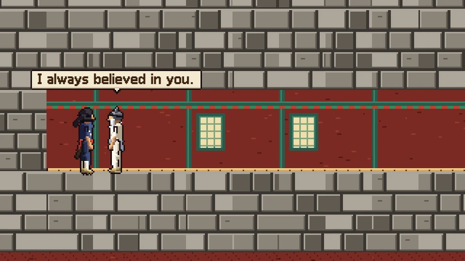 Ending scene in a red-walled hall where the father tells the outlaw I always believed in you in a speech bubble