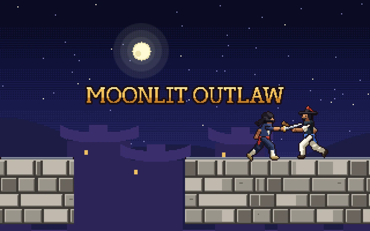Pixel art of a masked outlaw sword fighting a guard on tiled rooftops under a full moon, with the title Moonlit Outlaw