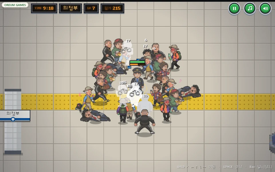 Pixel art of station staff in the middle of a platform, surrounded by villains like the Manspreader, the Trot Grandpa and the Chicken Guy, as whistle sound waves spread out