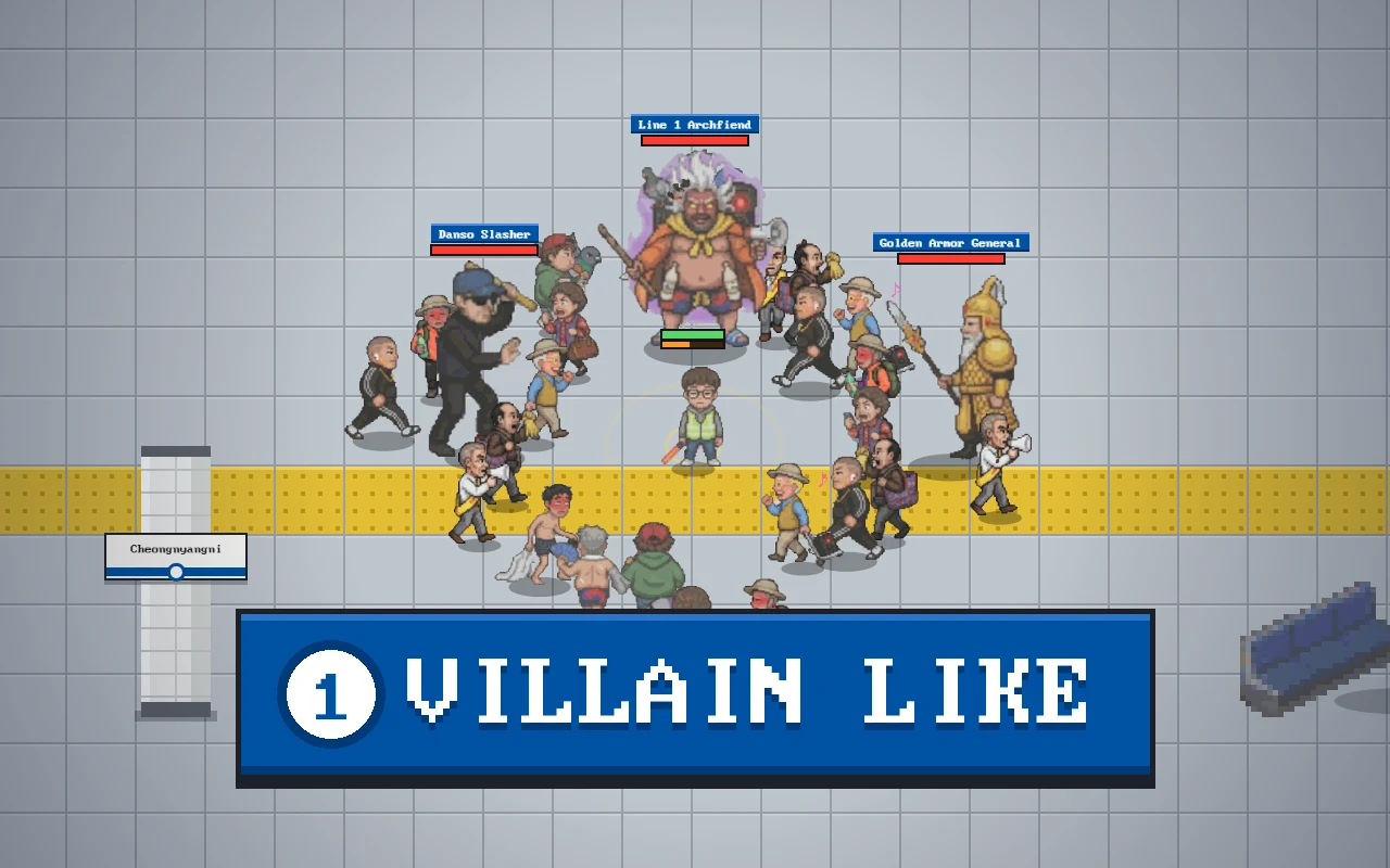 Pixel art of a service worker with a light baton on a subway platform, surrounded by the Danso Slasher, the Golden Armor General, the Line 1 Archfiend and a crowd of villains, under the title VILLAIN LIKE