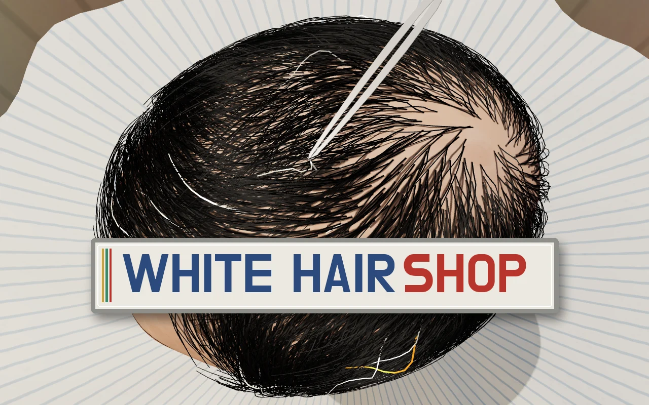 A customer's head seen from above with tweezers pulling a white hair, under the title WHITE HAIR SHOP