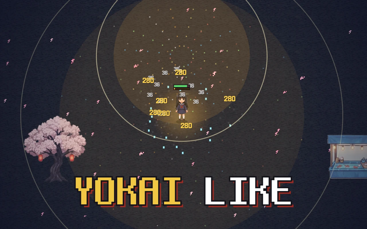 Pixel art of Ayame in a sailor uniform setting off a firework that blasts a crowd of yokai between cherry trees and food stalls on a festival night, under the title YOKAI LIKE