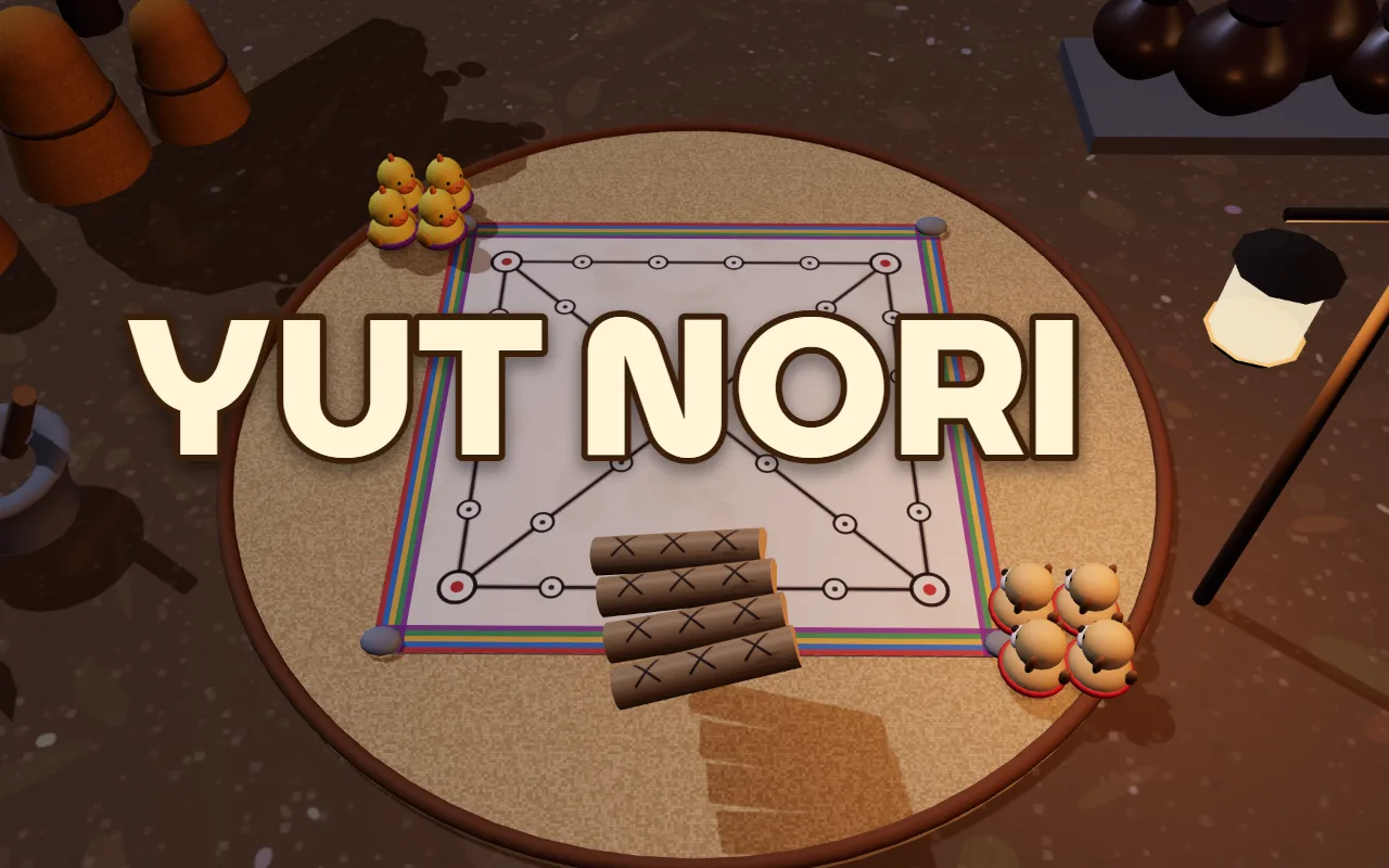 A Yut Nori board cloth on a straw mat in a moonlit Korean yard, with puppy, cat, rabbit and chick pieces and four wooden sticks, under the title YUT NORI